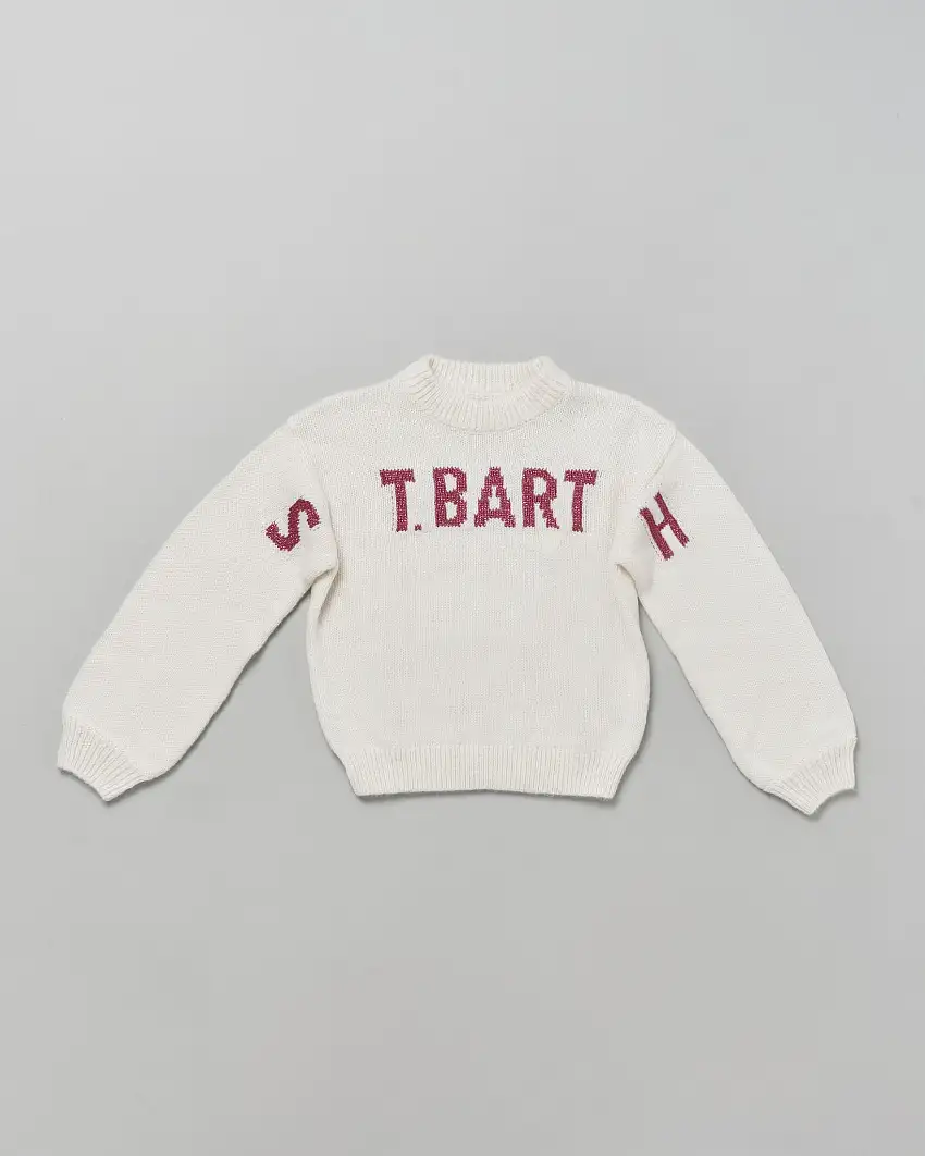 Maglia MC2 Saint Barth panna in misto alpaca con scritta rosa glitterata