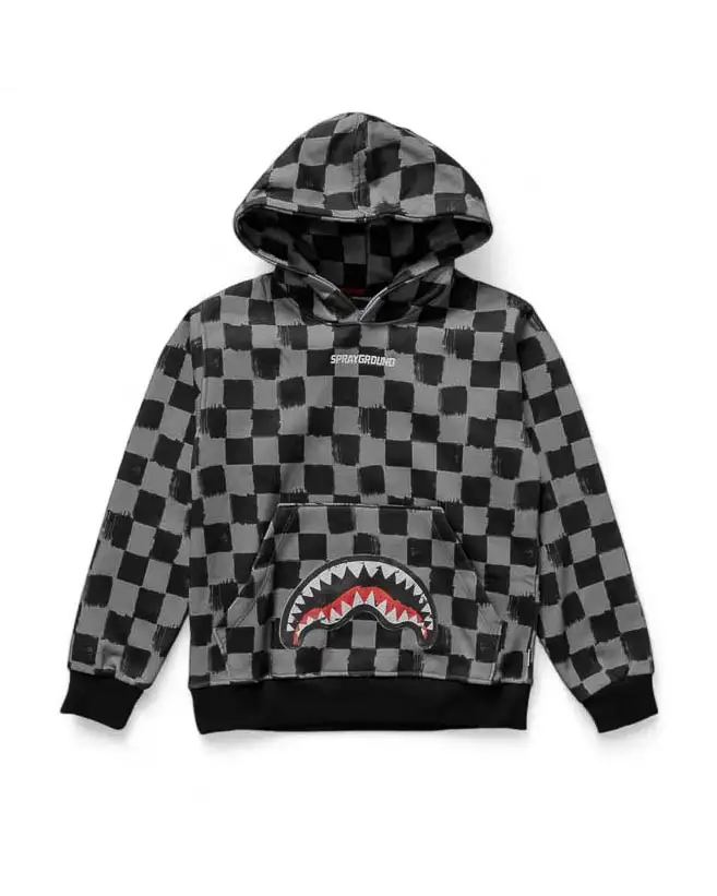 Felpa in puro cotone a scacchiera grigia e nera con cappuccio