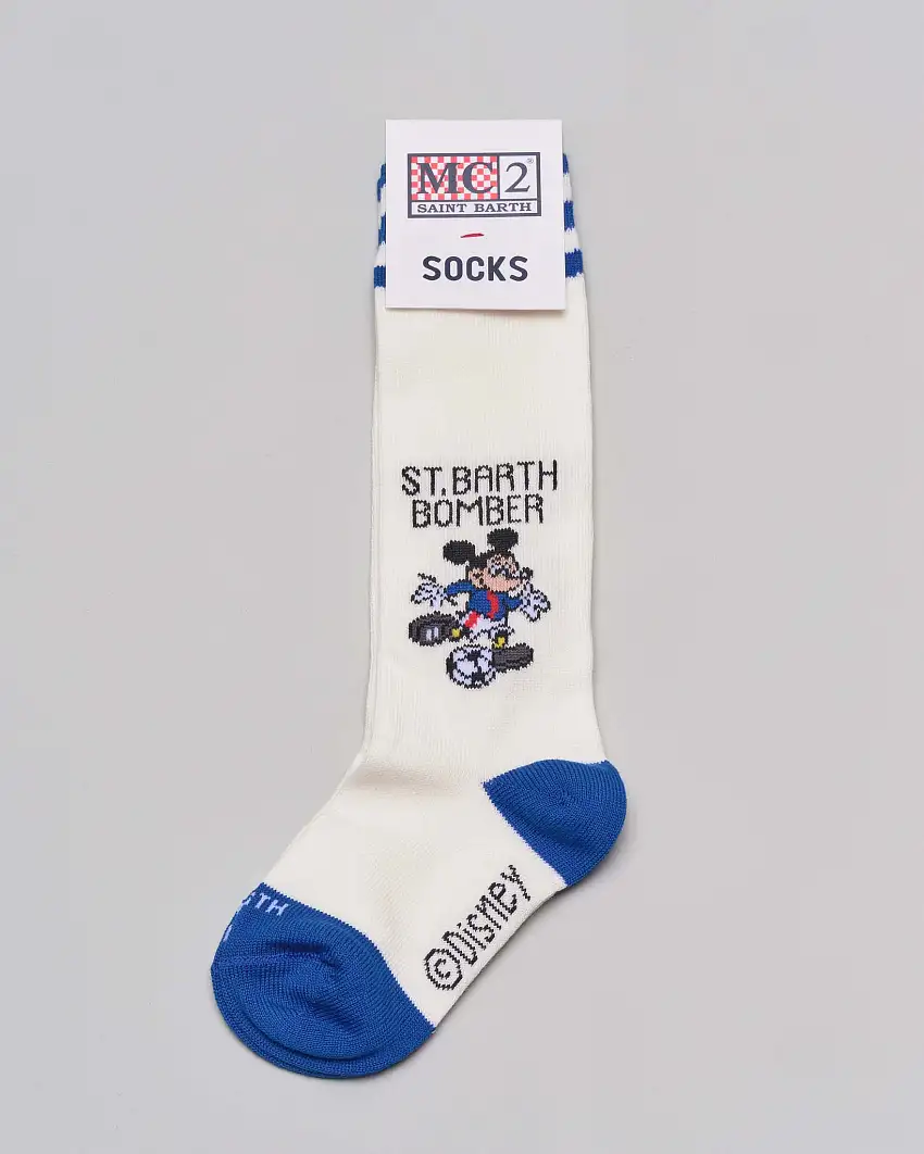 Calzini MC2 Saint Barth bianchi in cotone stretch con dettagli blu e stampa Mickey Bomber
