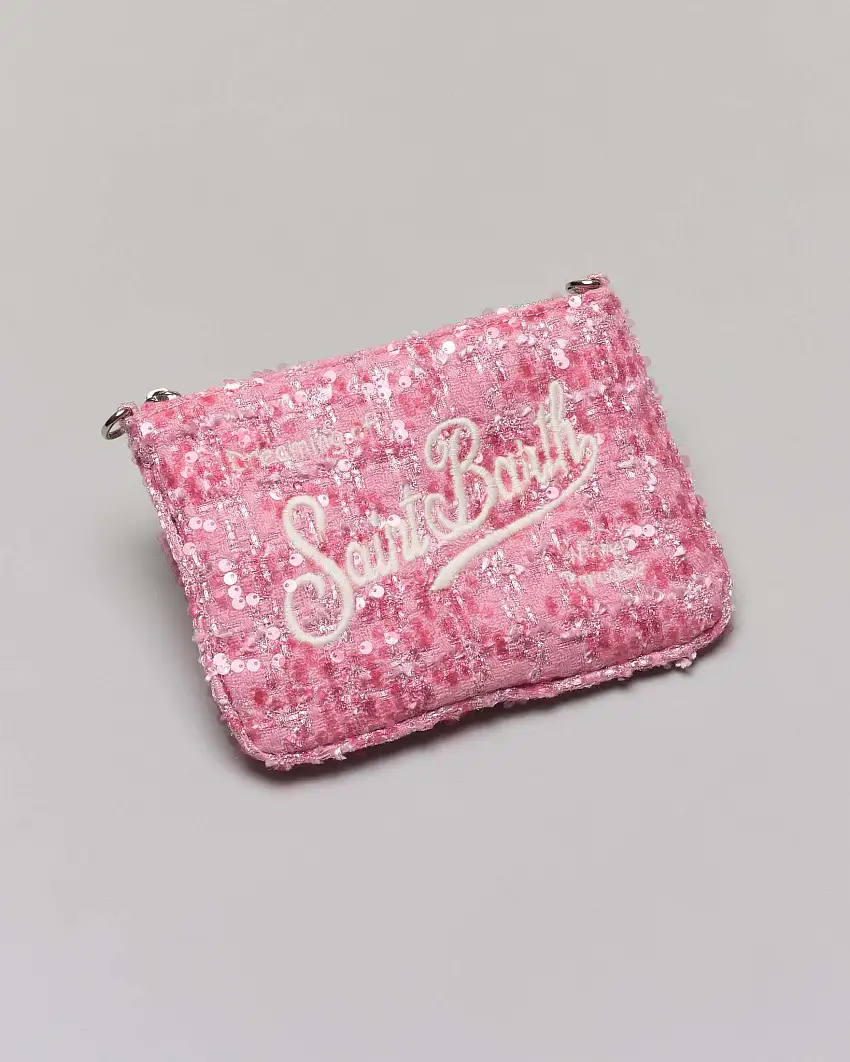 Pochette Mini Parisienne MC2 Saint Barth in tweed rosa con pailletes e logo ricamati