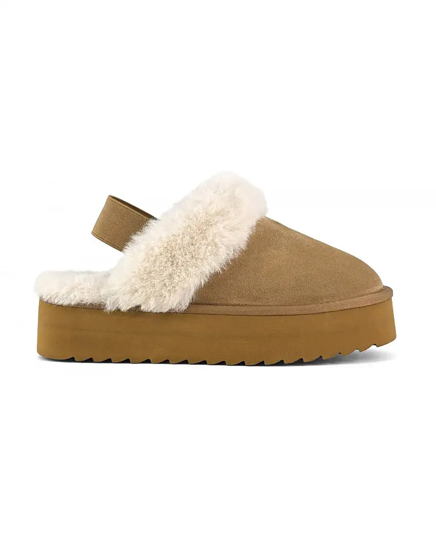 Ciabatta color cammello in pelle scamosciata con suola Platform e laccio elastico alla caviglia