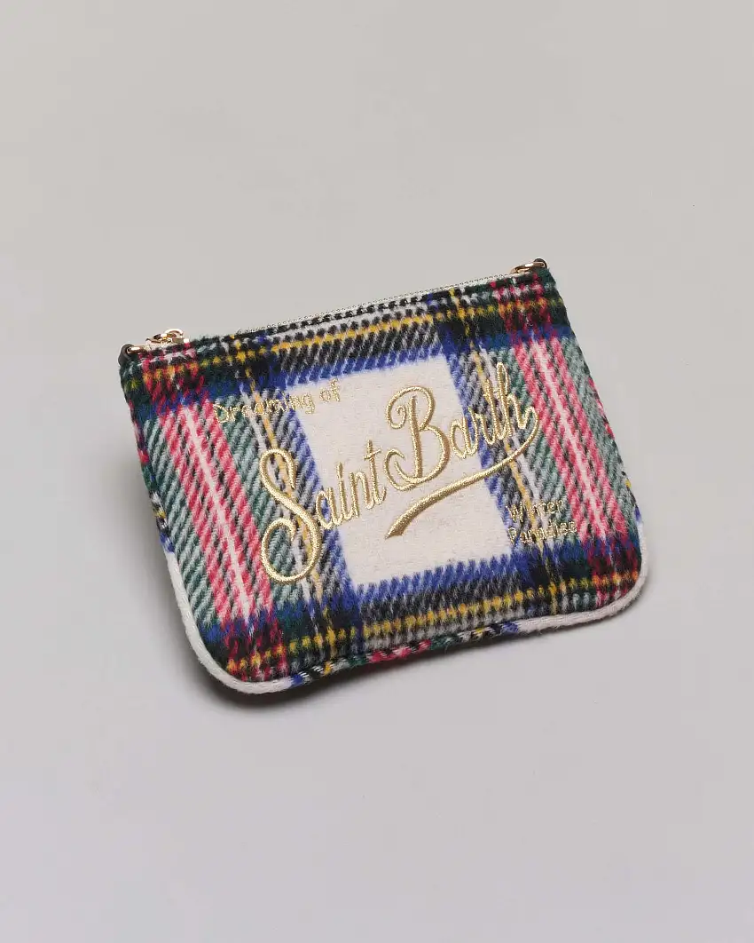 Pochette Mini Parisienne MC2 Saint Barth in misto lana multicolore tartan con logo oro e tracolla marrone