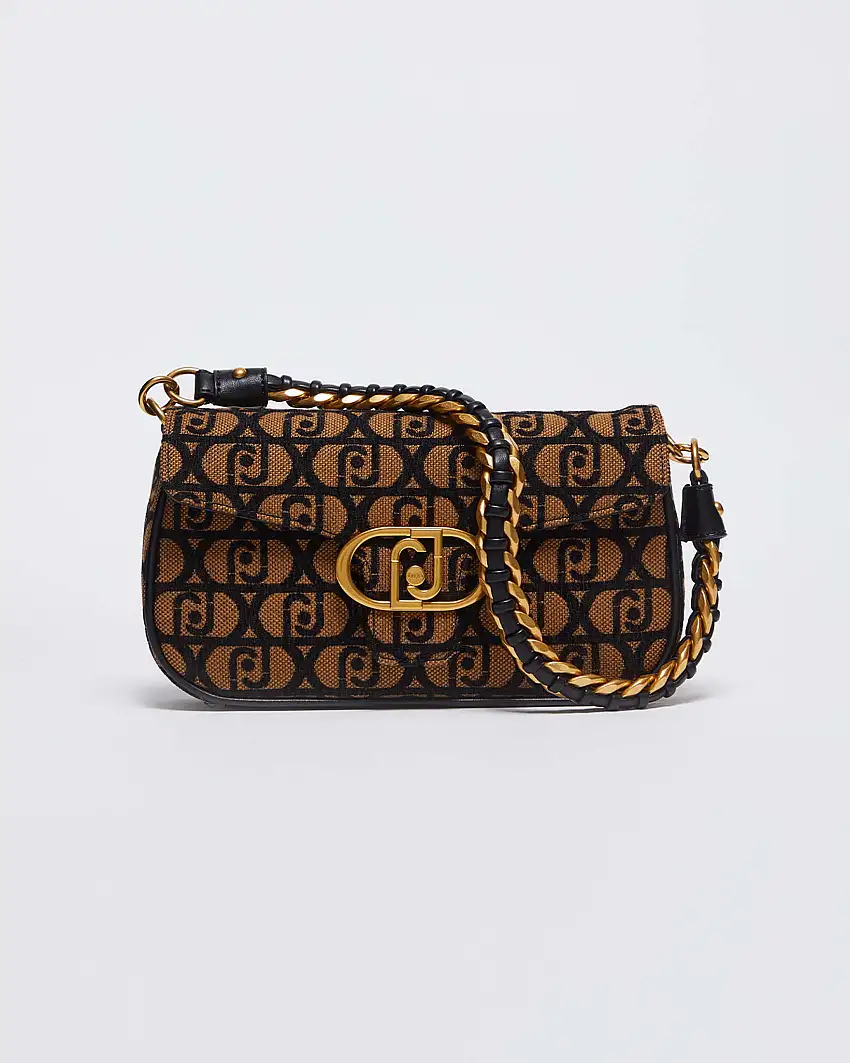 Borsa a spalla in tessuto cammello a motivo monogram nero con logo in metallo sulla patta manico in catena spessa