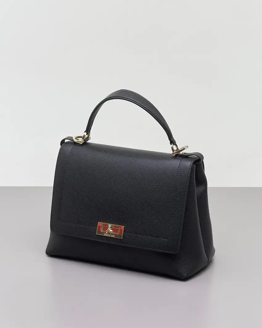 Borsa a mano New Secret nera in pelle martellata con chiusura a patta con girello Fly