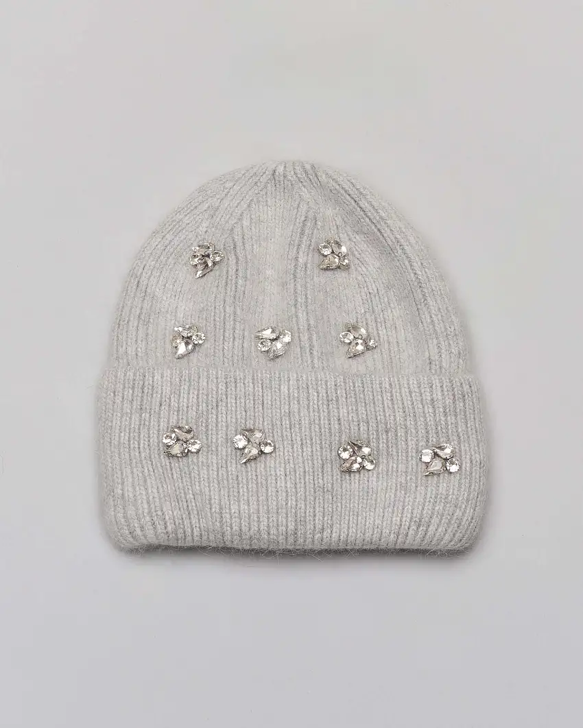 Berretto marrone a coste in misto angora con risvolto e pietre gioiello applicate su davanti