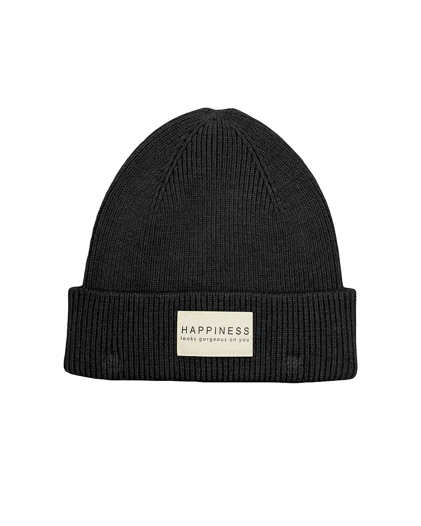 Berretto nero in misto viscosa a costine con etichetta happiness