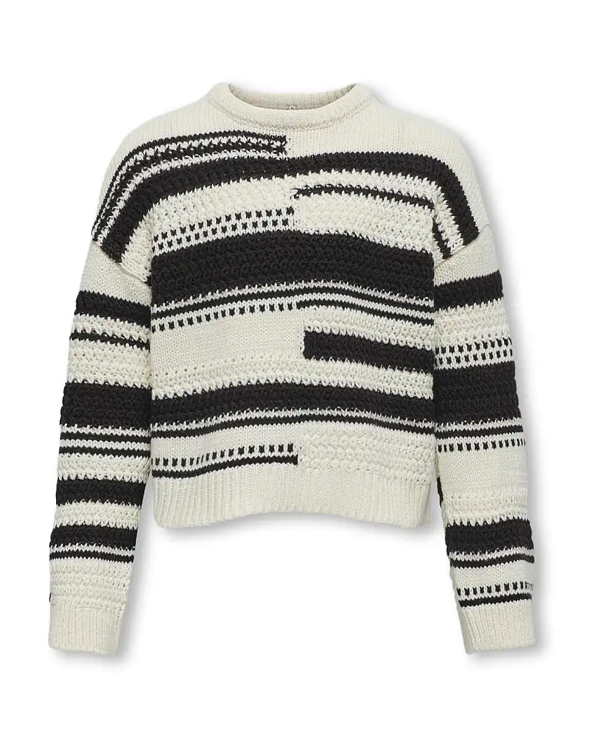 Maglia relaxed in misto cotone panna tricot a fantasia righe spezzate nere