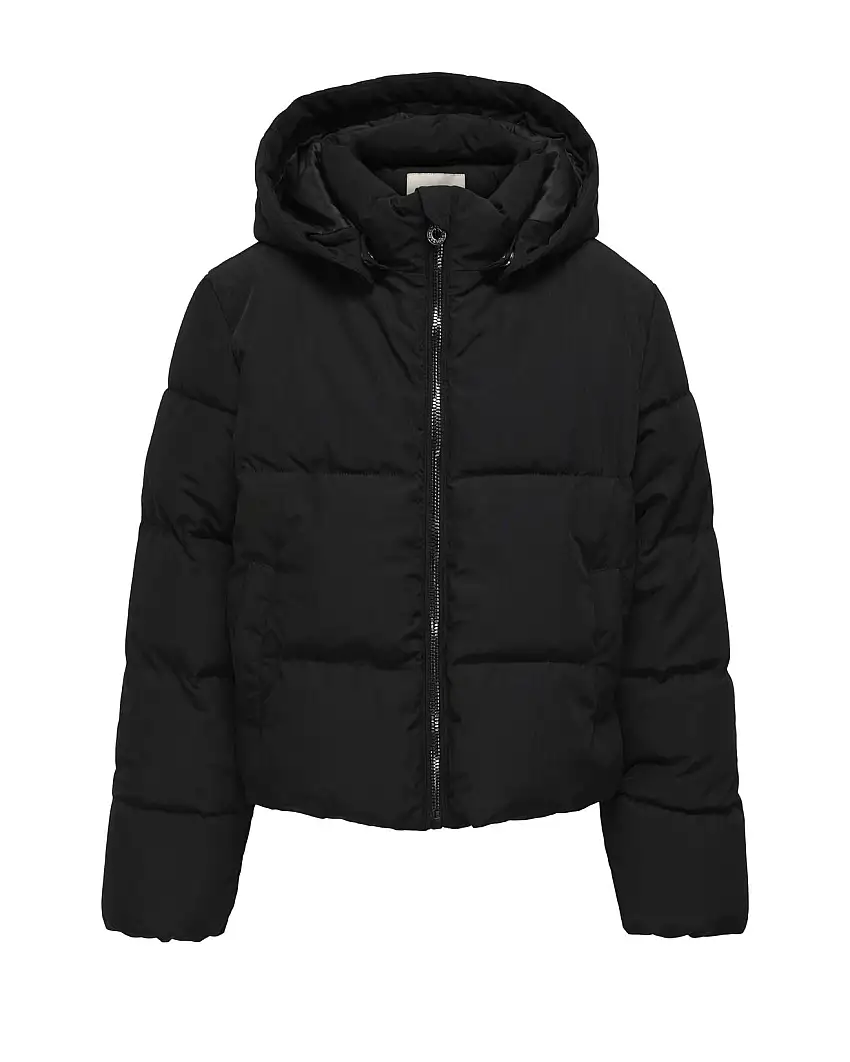 Piumino nero imbottito a collo alto con cappuccio
