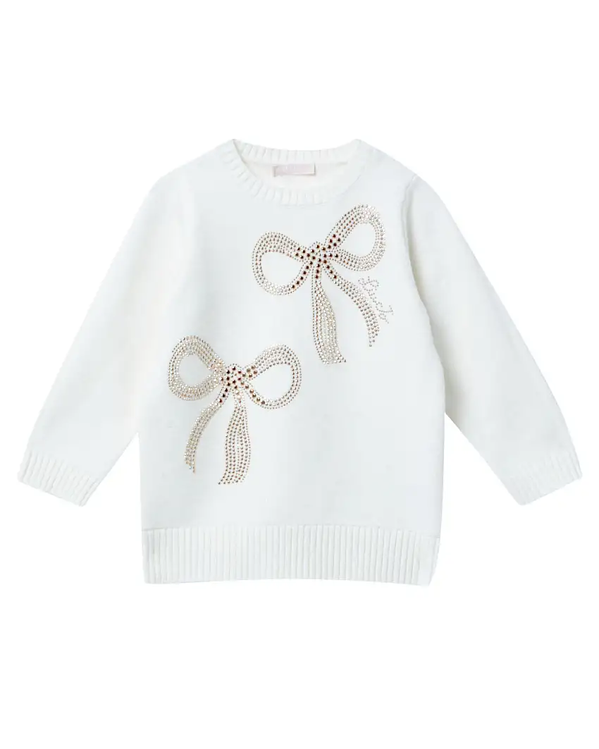 Abito Liu Jo maxi maglia in cotone e lana bianco con fiocchi dorati in strass