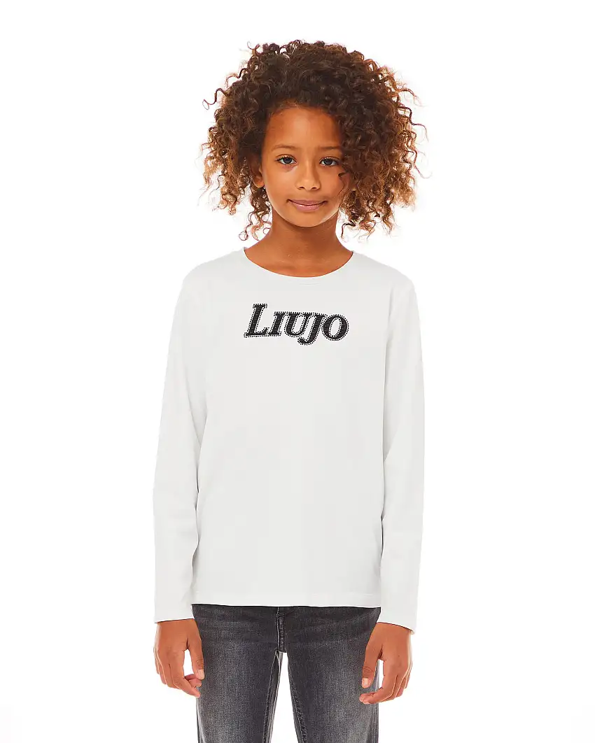 T-shirt bianca in cotone elasticizzato con logo nero strass e perle