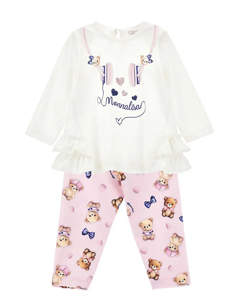 Completo Monnalisa in puro cotone a due pezzi rosa e bianco con orsetti