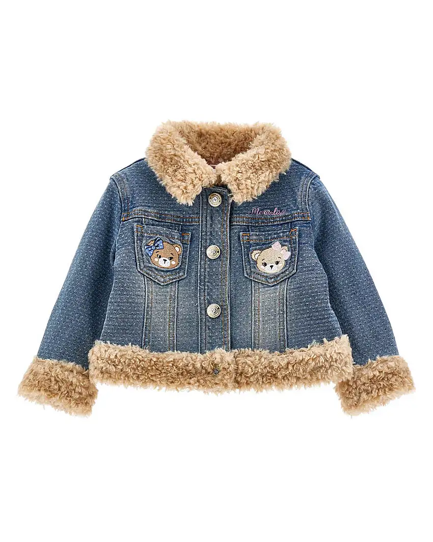 Giacca Monnalisa in denim di cotone stretch a lavaggio medio imbottita con profili teddy beige