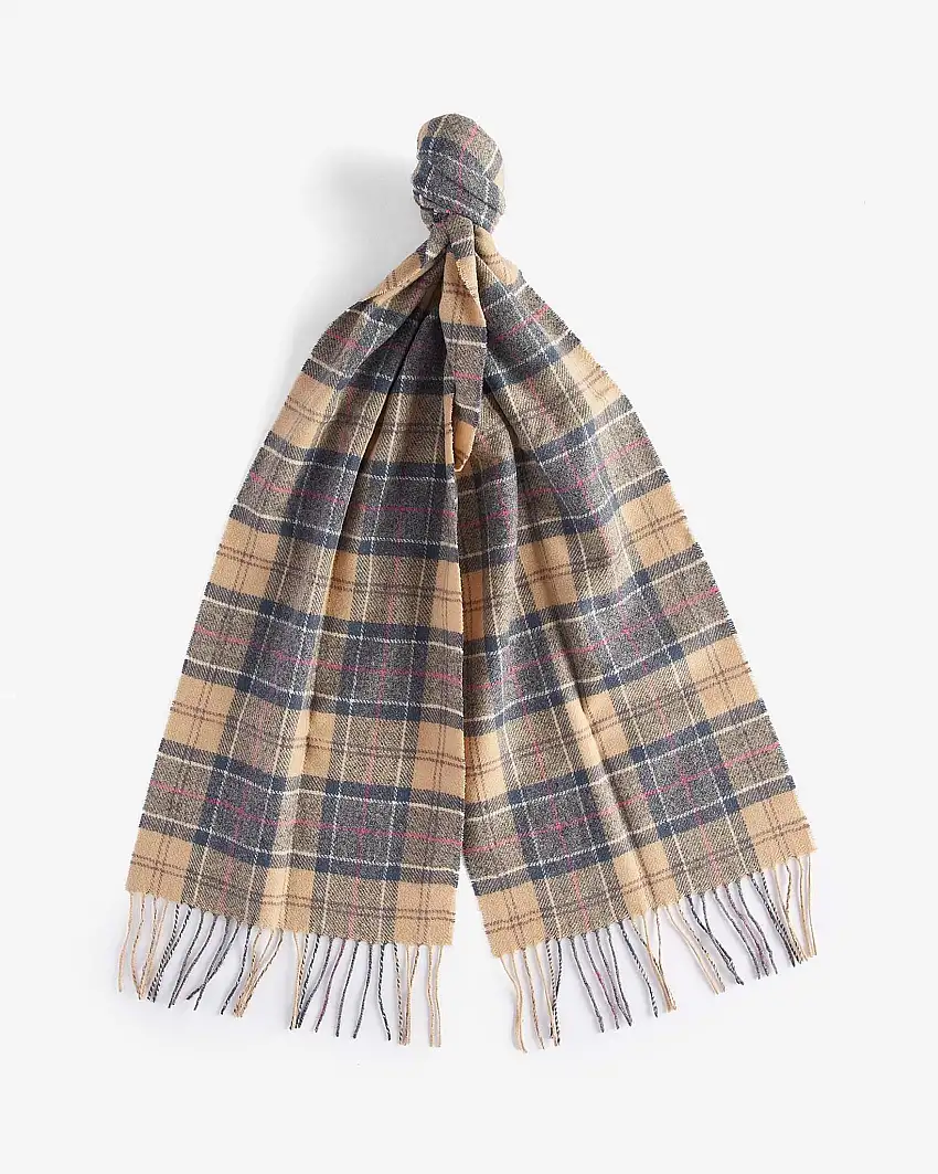 Sciarpa Barbour in tartan check beige e grigia in pura lana