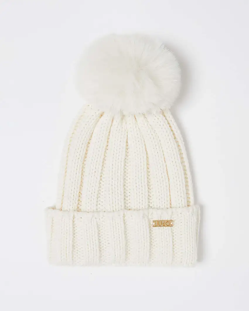 Berretto Liu Jo bianco a coste con pompon in pelliccia