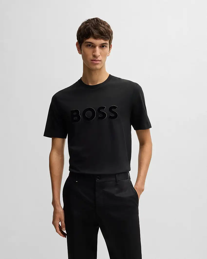 T-shirt nera mezza manica in puro cotone con logo Boss applicato