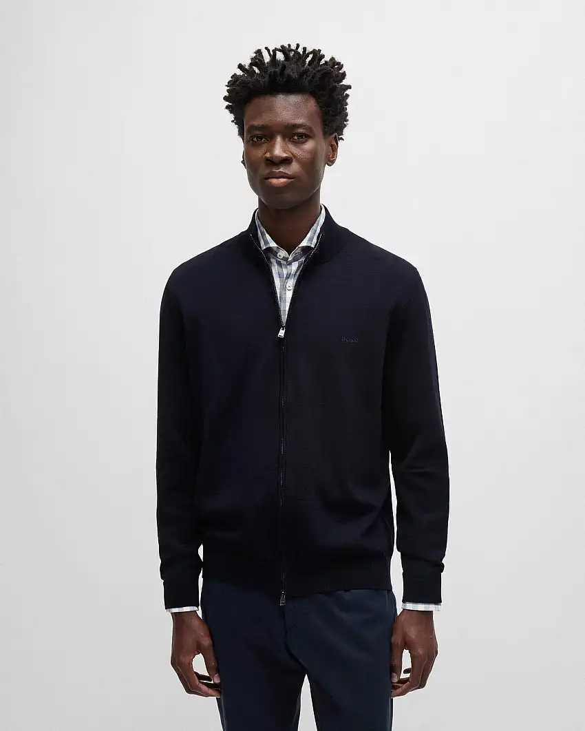 Maglia Boss blu in pura lana merinos con chiusura zip a doppio cursore