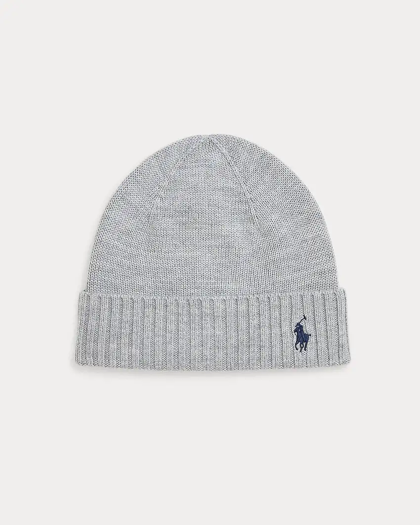 Berretto Ralph Lauren grigio in lana con logo pony blu