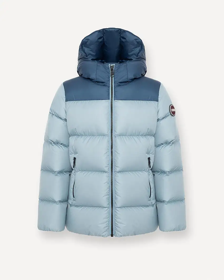 Piumino Colmar azzurro in nylon imbottito con inserto blu e cappuccio