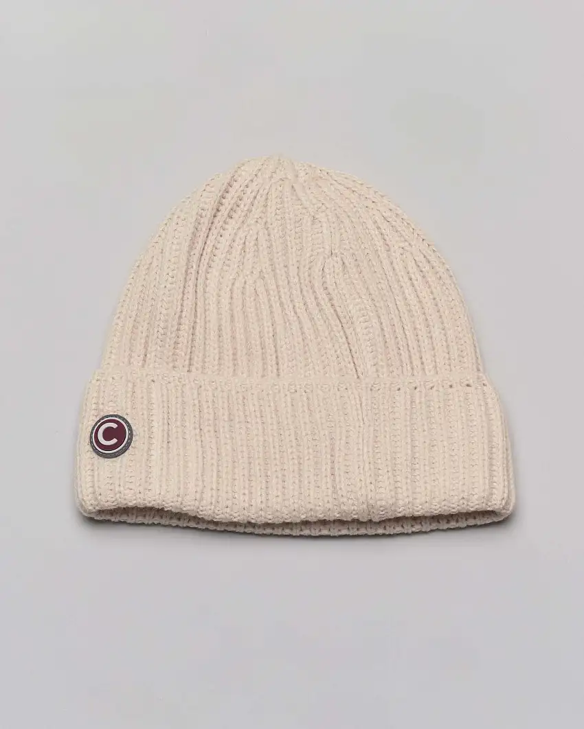 Berretto Colmar Originals beige in maglia a coste con risvolto e logo laterale