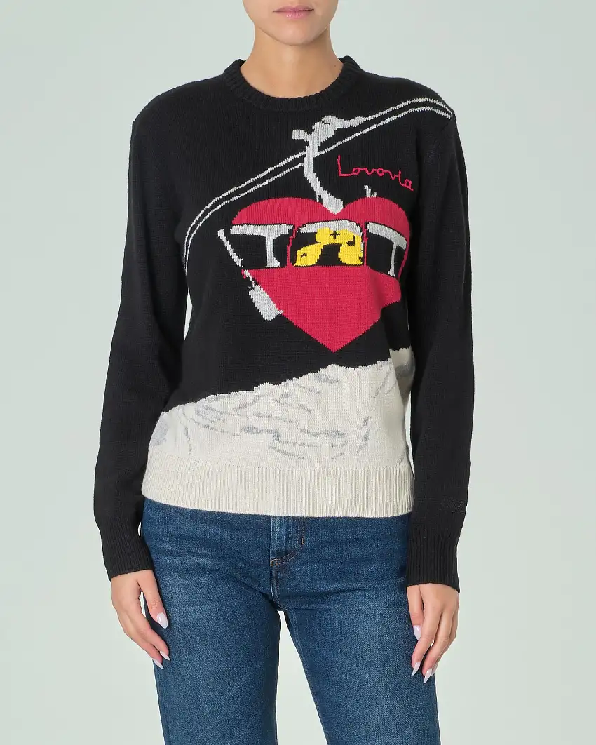 Maglia nera in misto lana e cashmere con motivo jacquard montano e scritta rossa Lovovia
