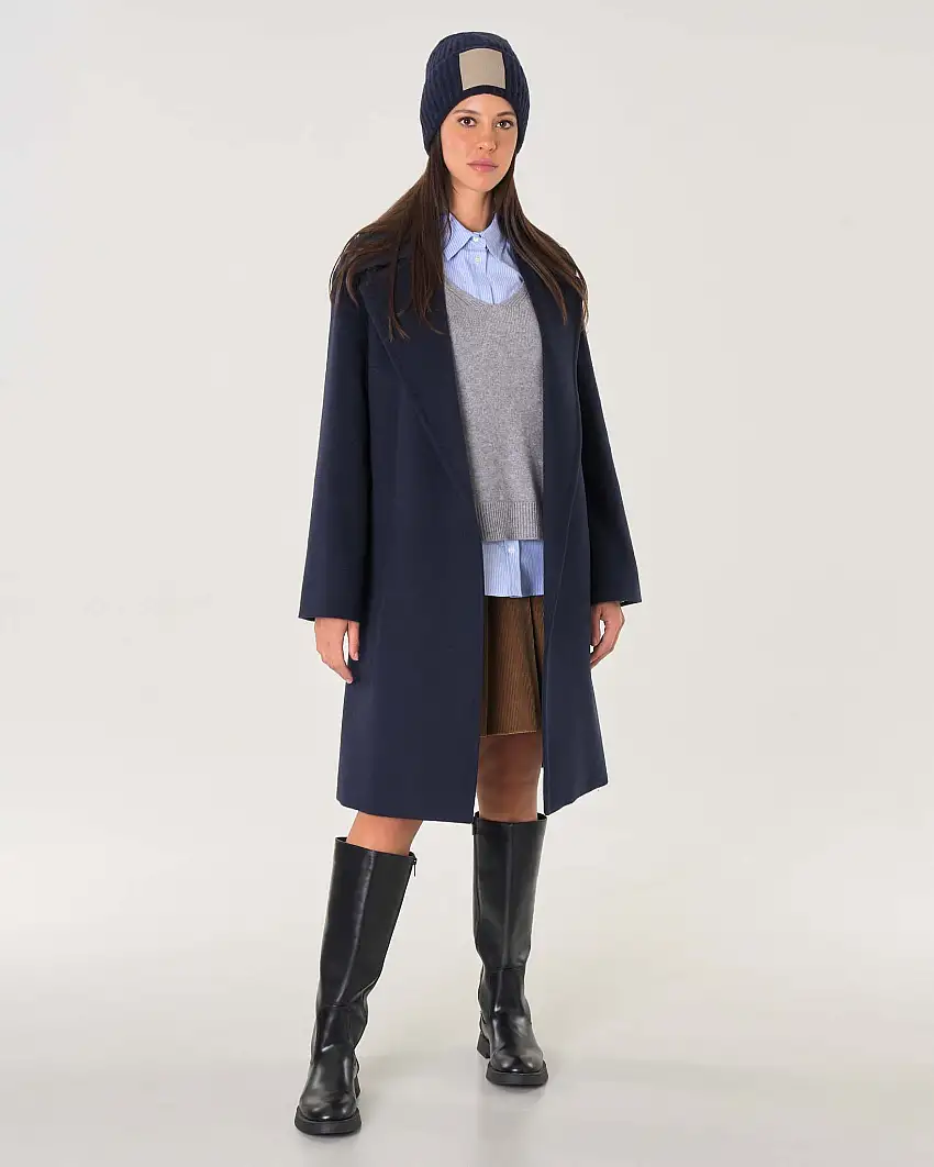 Cappotto midi a vestaglia blu in drap di pura lana con rever ampio