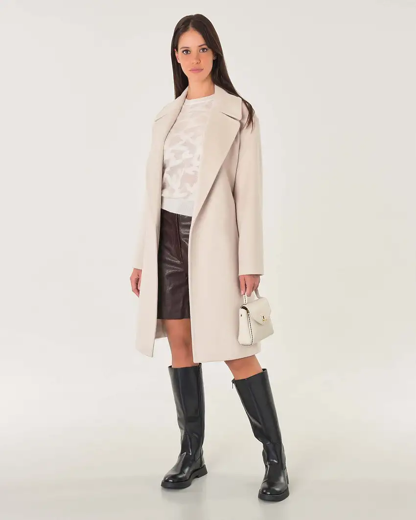 Cappotto midi a vestaglia color cacha in drap di pura lana con rever ampio