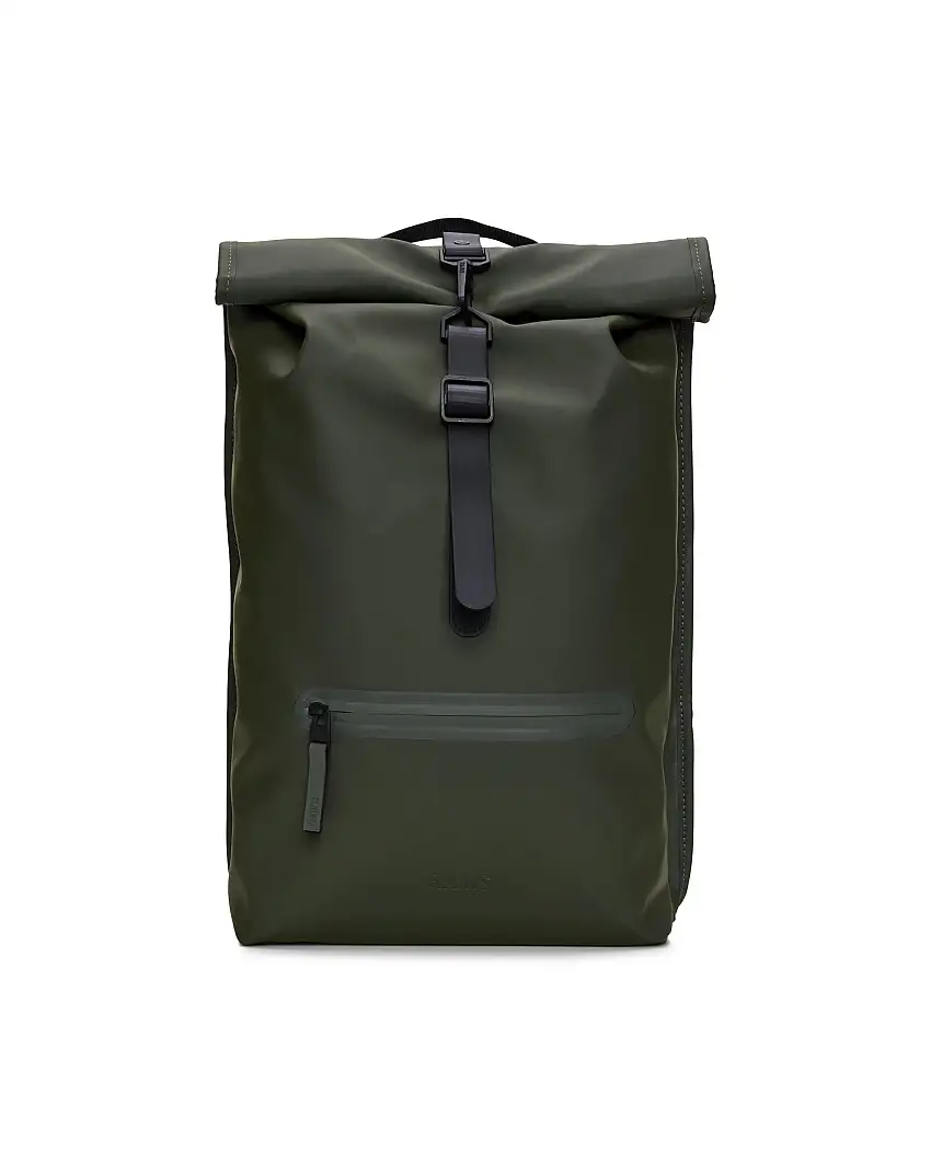 Zaino Rains Rolltop Rucksack verde militare in tessuto tecnico impermeabile effetto gommato