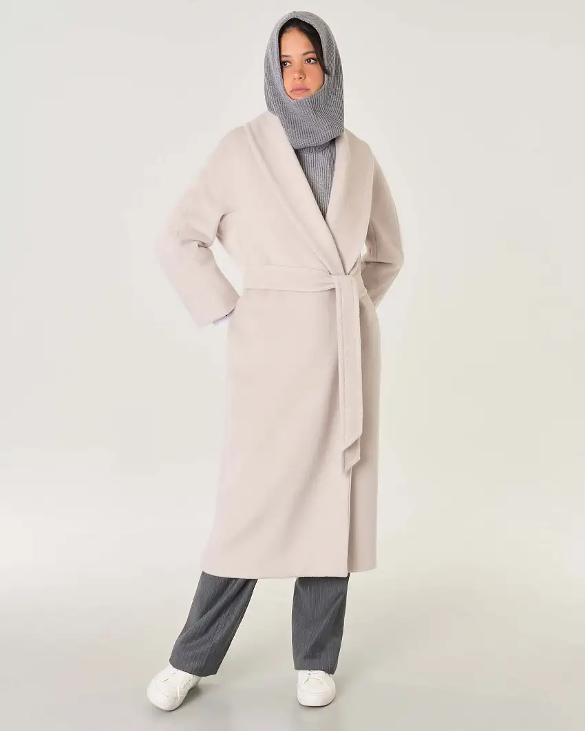 Cappotto lungo a vestaglia color cacha in beaver di alpaca e pura lana con ampio collo a scialle