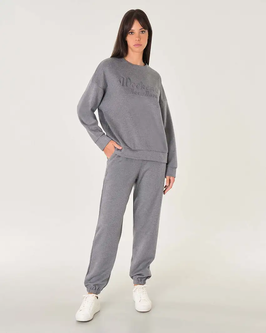 Felpa girocollo grigia in jersey drap di cotone e lana con maxi logo sul petto ricamato in tono