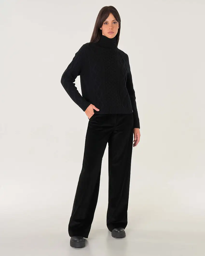 Pantaloni wide leg nero in velluto cinquecento righe di puro cotone a vita alta