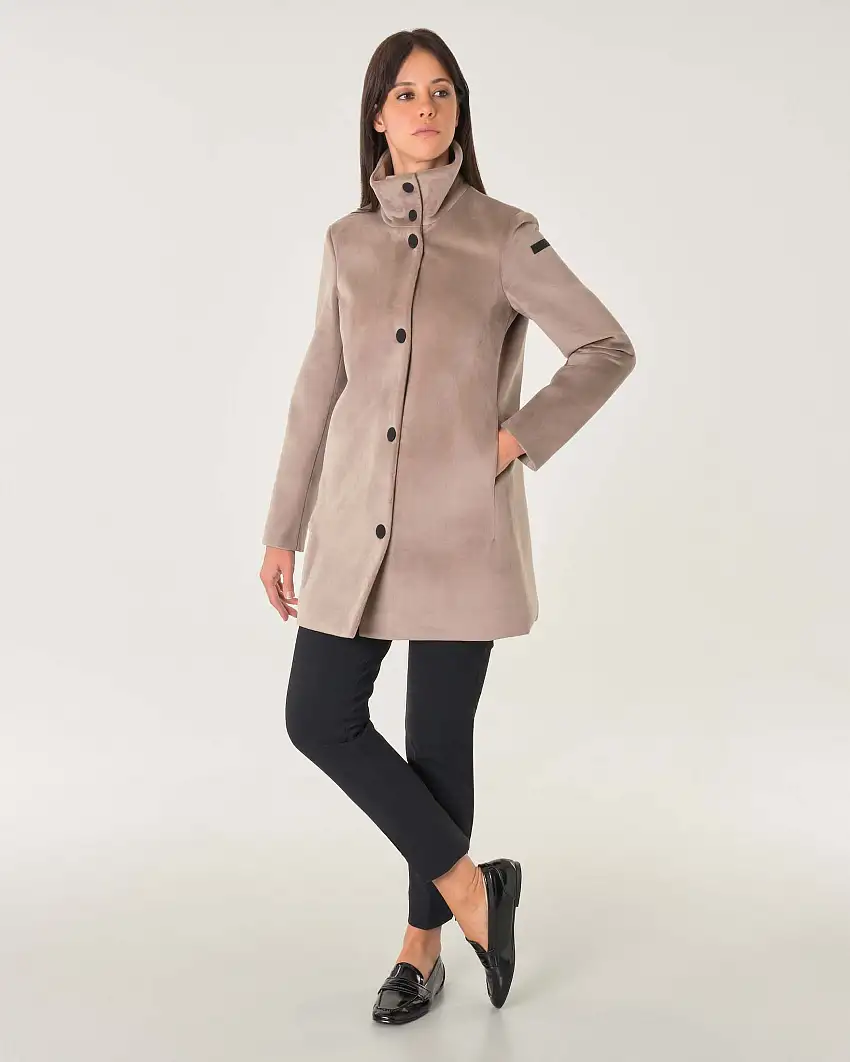 Giaccone Velvet in jersey di velluto color taupe con colletto in piedi