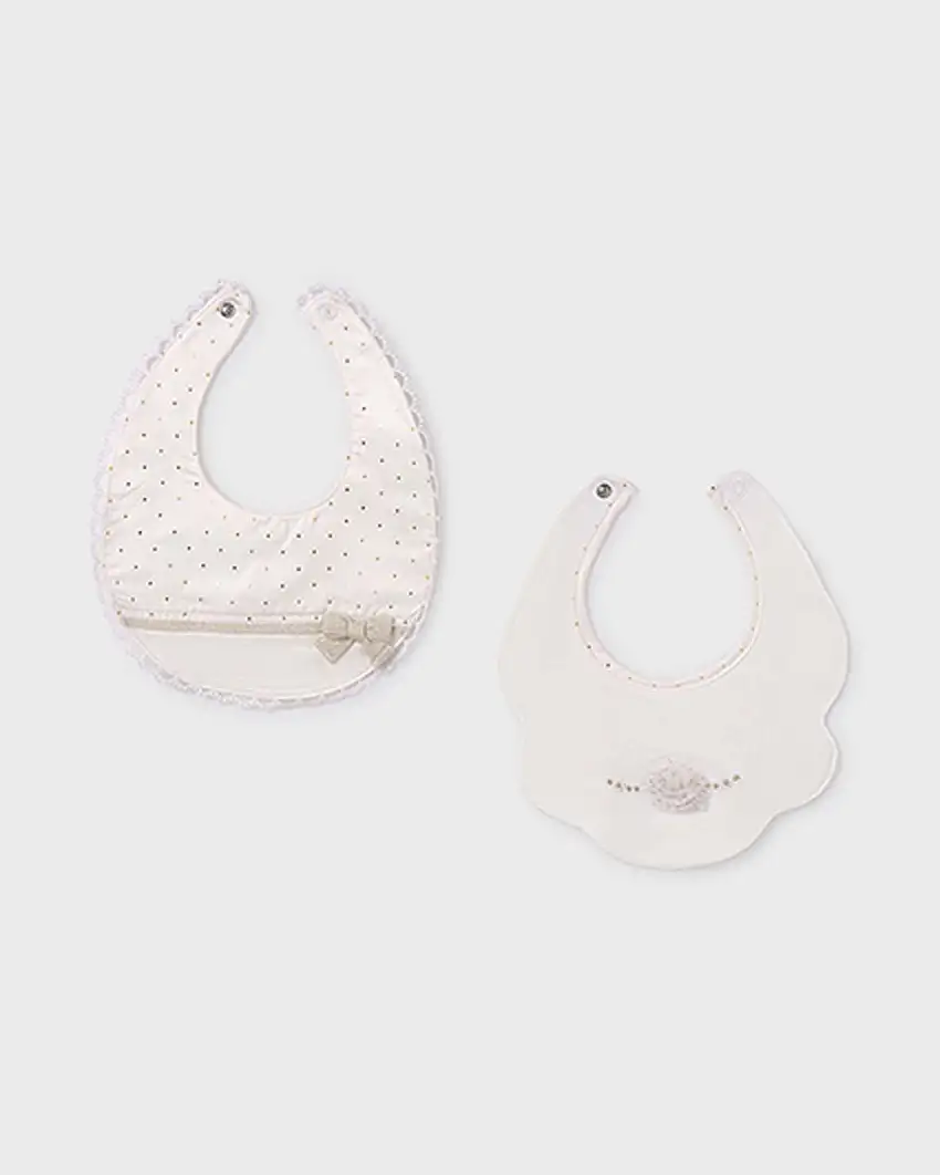 Bavaglini beige in cotone a fantasia a pois e fiorellino