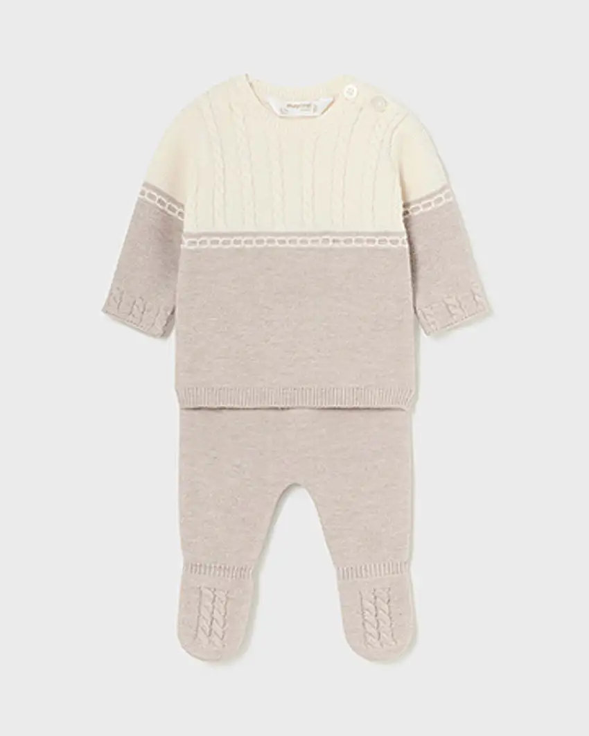 Completo a due pezzzi beige e panna in misto cotone e lana tricot