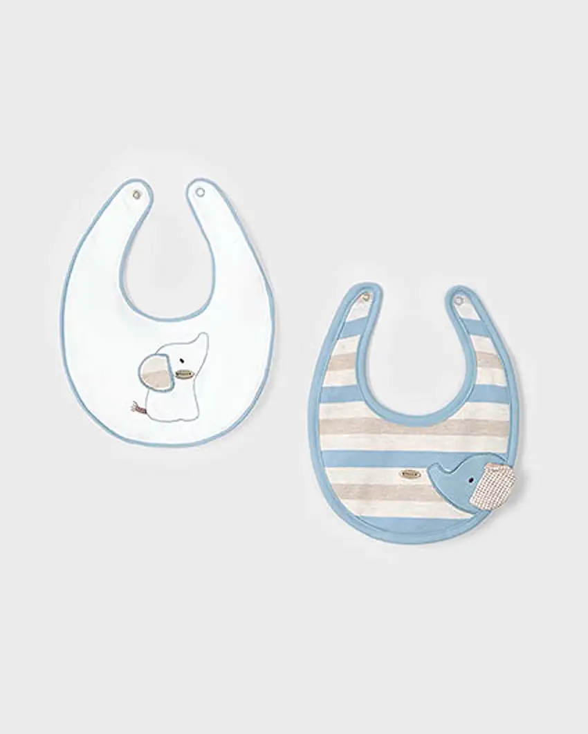 Bavaglini azzurri e bianchi in cotone stretch a fantasia rigata con elefantino o elefantino ricamato