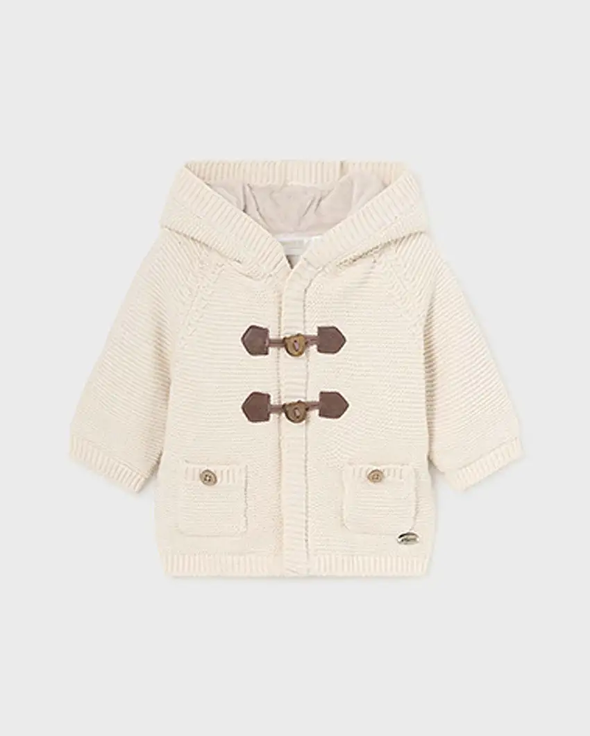 Giacca panna in cotone tricot con cappuccio ed alamari