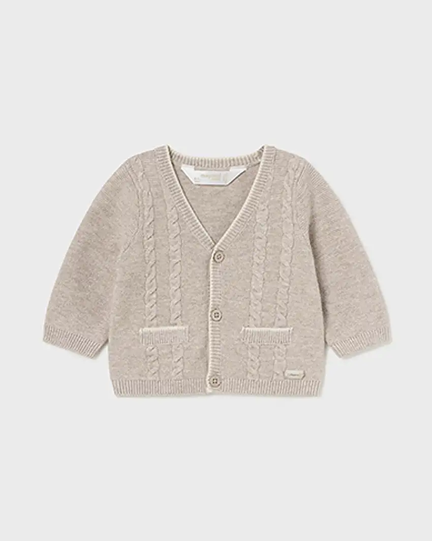 Cardigan beige in misto cotone e lana tricot con trecce