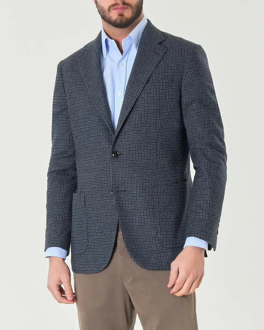 Blazer blu denim in pied de poule di misto lana con tasche applicate sul davanti