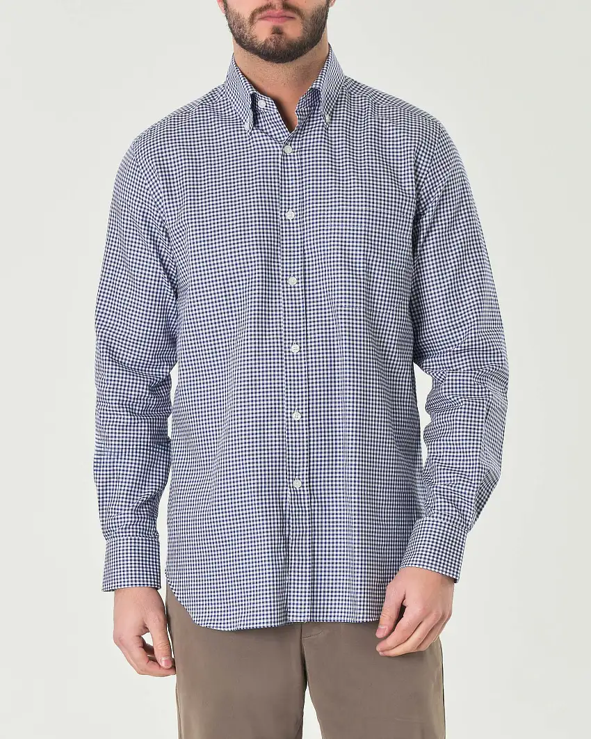 Camicia bianca e blu in vichy di puro cotone con colletto button-down e taschino