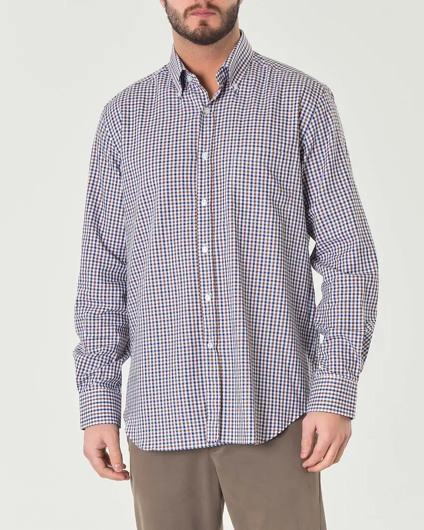 Camicia bianca blu e marrone in vichy di puro cotone con colletto button-down e taschino