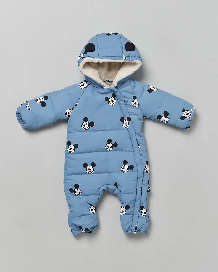 Tuta imbottita MC2 Saint Barth azzurra con cappuccio e stampa Mickey Mouse