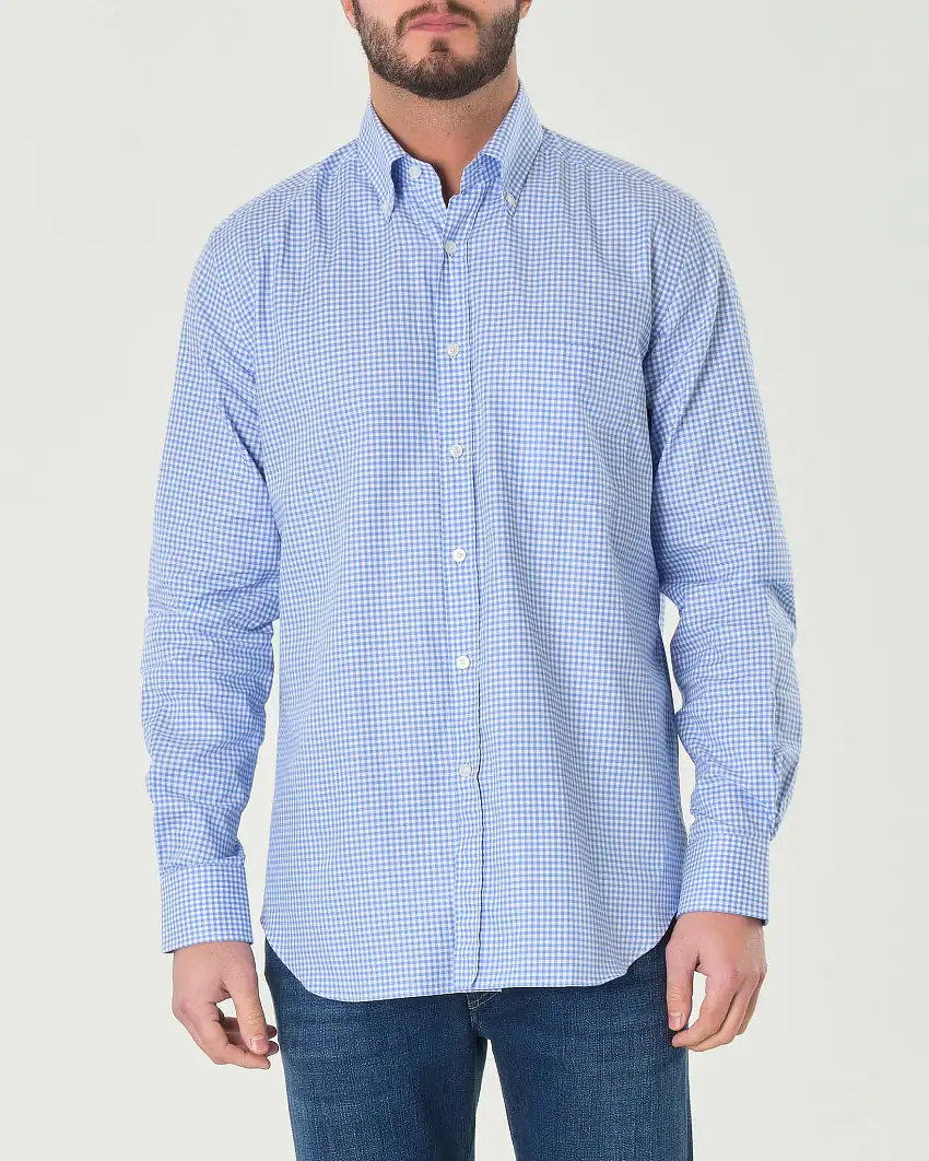 Camicia bianca e azzurra in vichy di puro cotone con colletto button-down e taschino