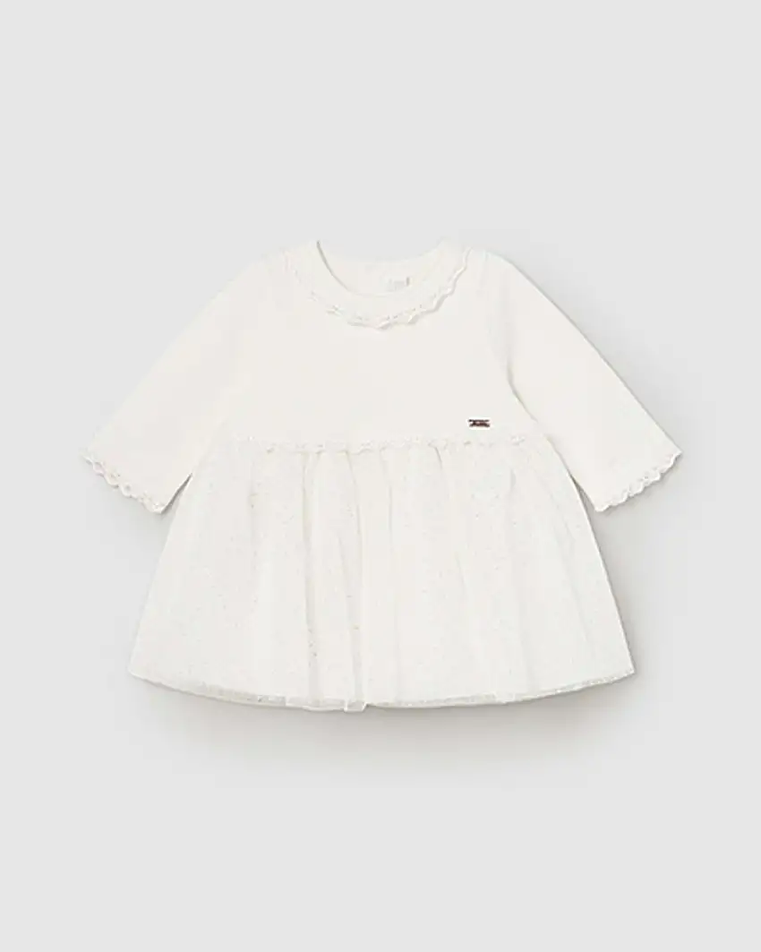 Abito bianco fit and flare a maniche lunghe in misto viscosa con tulle