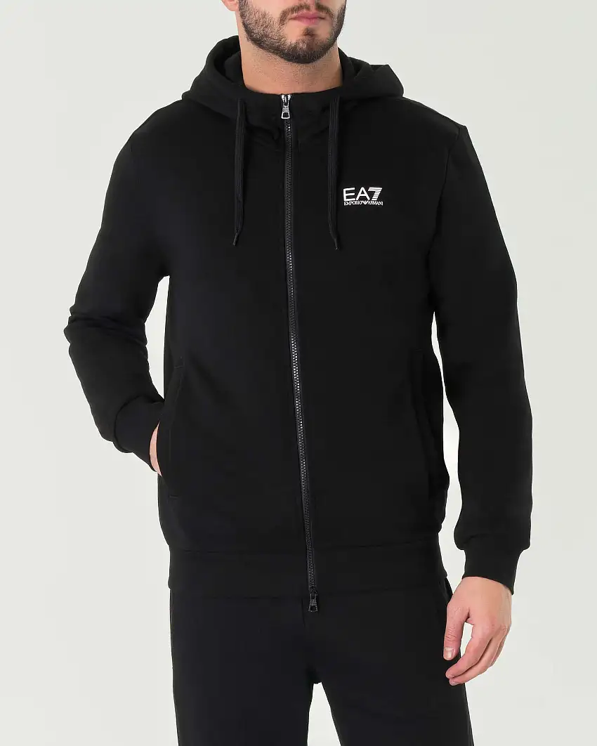 Felpa nera con cappuccio e cerniera in cotone con logo bianco gommato stampato sul petto