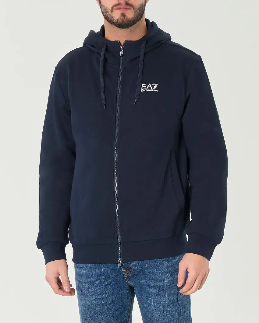 Felpa blu con cappuccio e cerniera in cotone con logo bianco gommato stampato sul petto