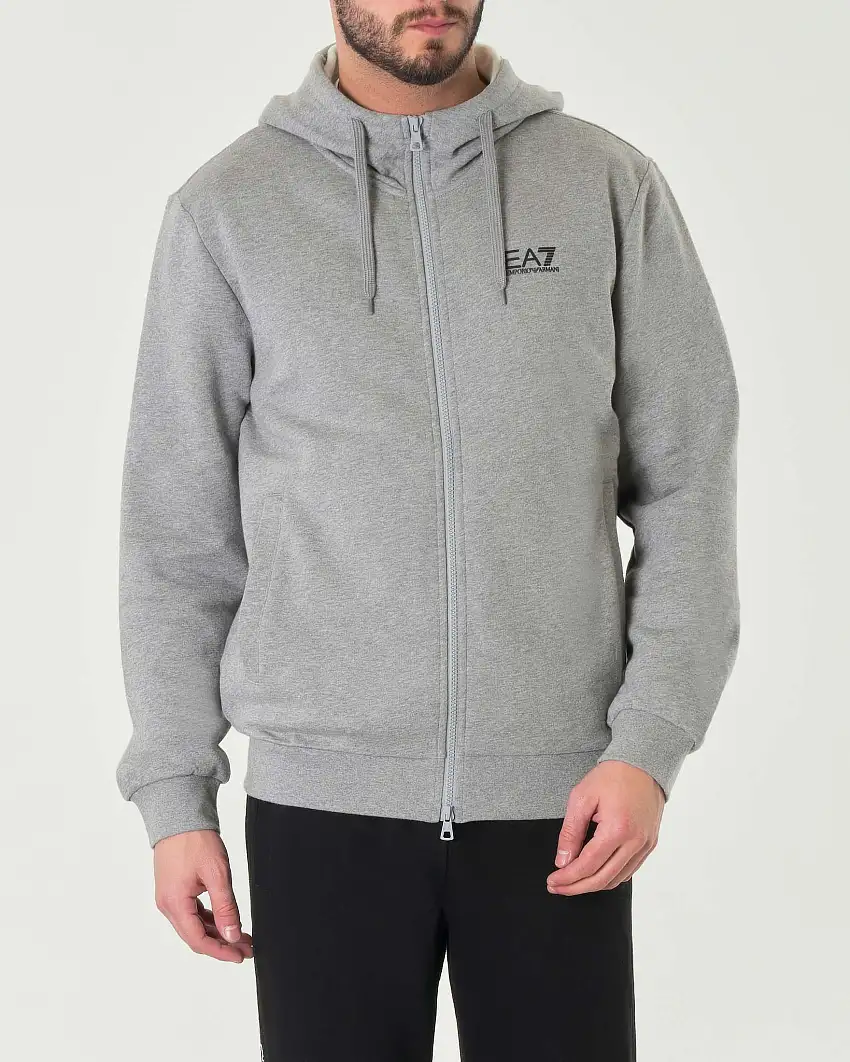 Felpa grigia con cappuccio e cerniera in cotone con logo nero gommato stampato sul petto