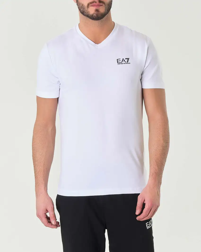 T-shirt EA7 bianca in cotone stretch con scollo a V e logo nero sul petto