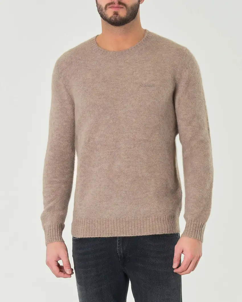 Maglia girocollo MC2 Saint Barth color noce in alpaca con logo ricamato in tono sul petto