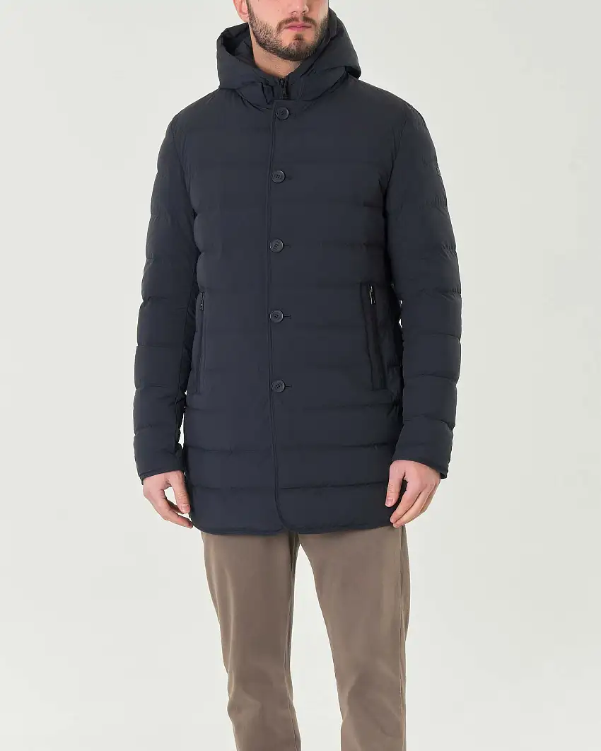 Piumino lungo Loft Hoody blu in tessuto tecnico bi-stretch trapuntato con pettorina rimovibile