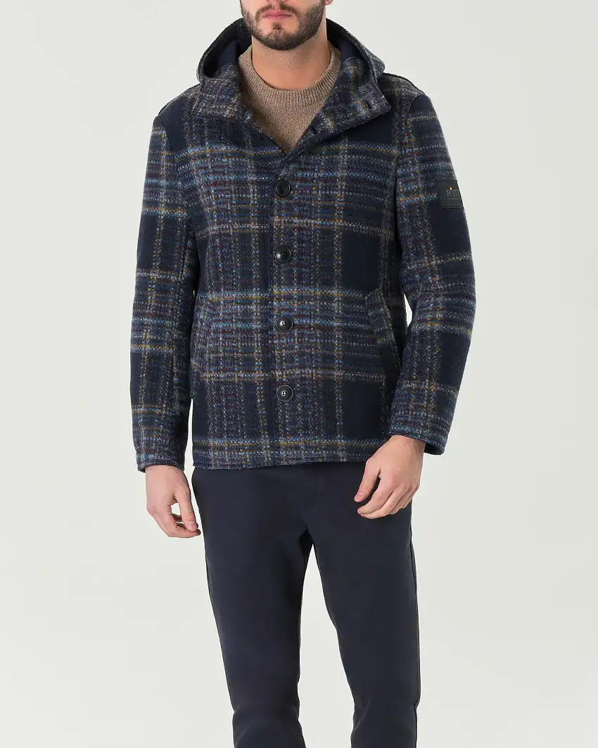 Cappotto corto con cappuccio in misto lana accoppiata a fantasia check blu e noce