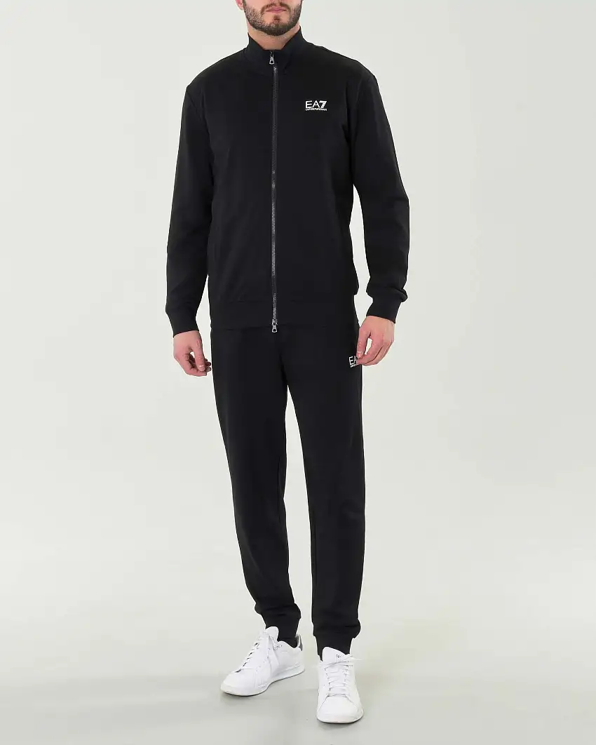 Tuta EA7 nera in felpa di puro cotone con logo piccolo stampato